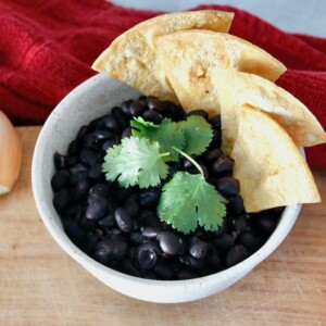 chipotle pinto beans with tortilla chips and a sliced onion