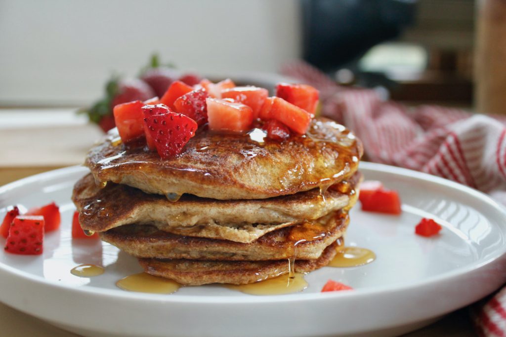 strawberry banana pancakes with fresh diced strawberries