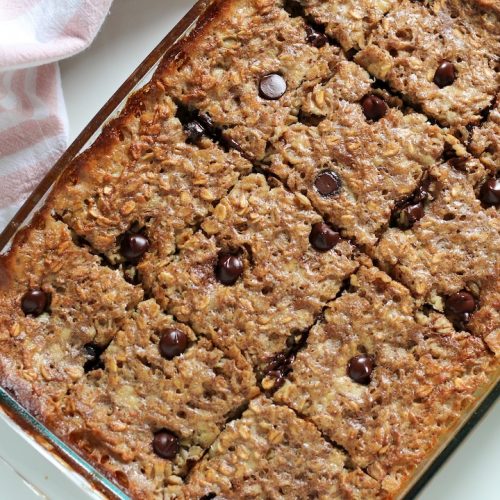 Banana Chocolate Chip Baked Oatmeal in a pan