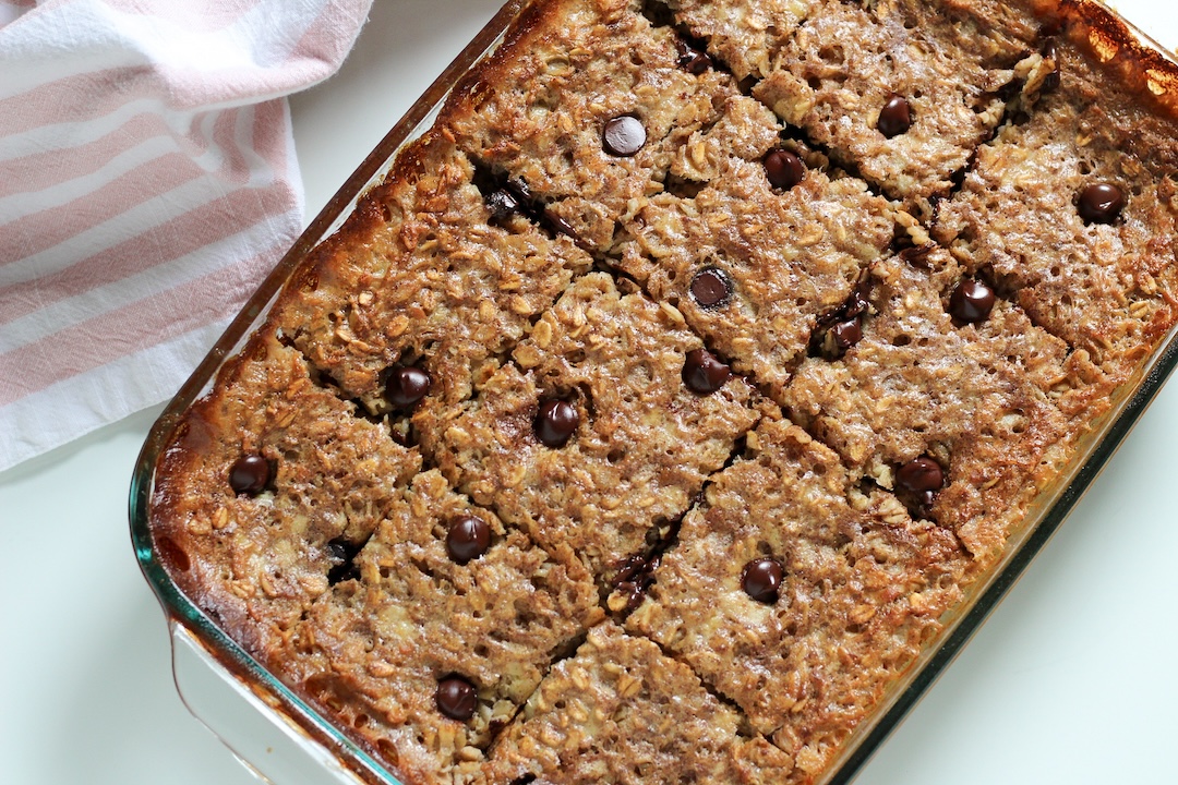 Banana Chocolate Chip Baked Oatmeal in a pan