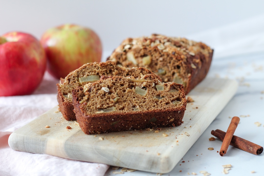 apple streusel bread slices on a cutting board