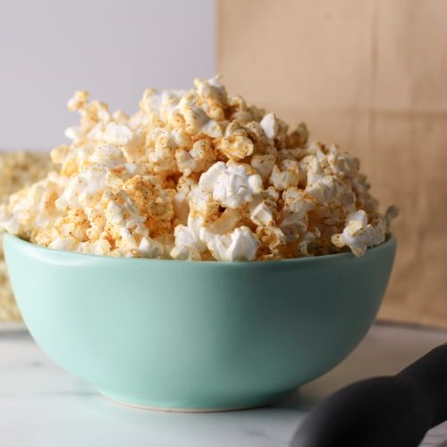homemade microwave popcorn in a blue bowl