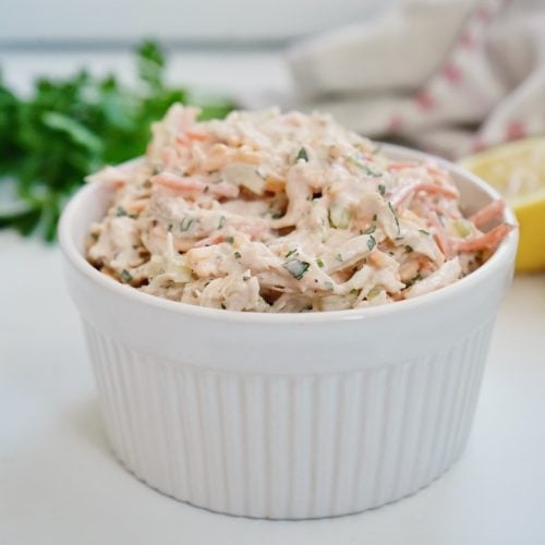 buffalo chicken salad in a white bowl