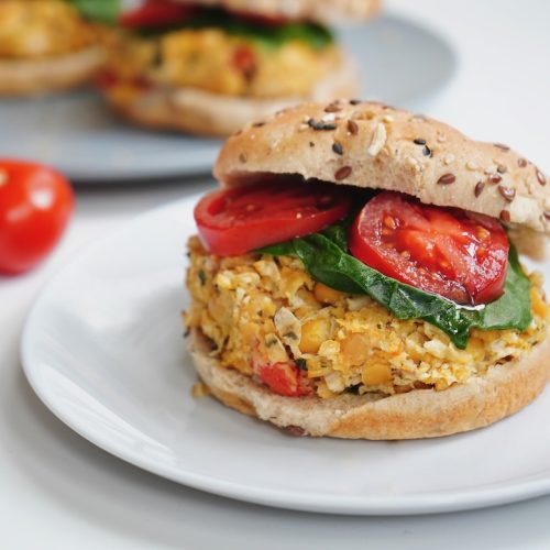 vegan chickpea burgers on a white plate