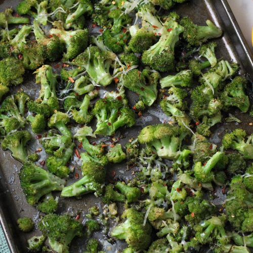 Lemon roasted broccoli on a sheet pan fresh from the oven