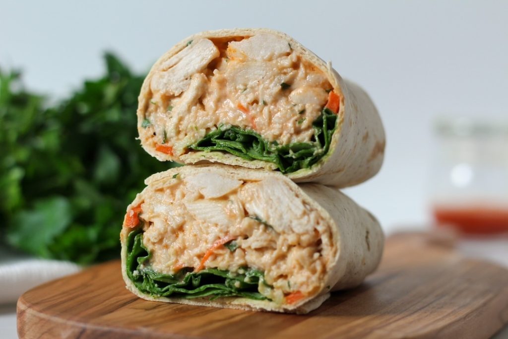 Buffalo Chicken Salad Wrap cut in half and stacked